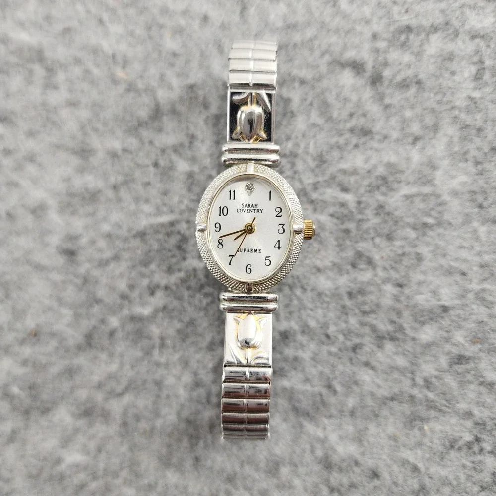 Sarah Coventry Silver Gold Two Tone Oval Face Expansion Band Wrist Watch Womens